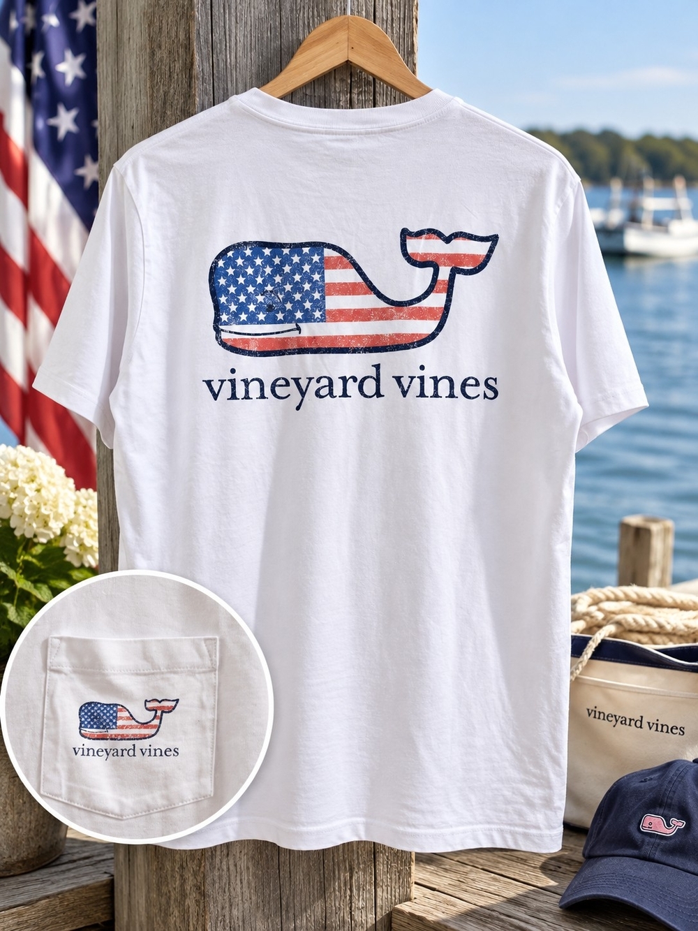 Vineyard Vines Men’s Small American Flag Whale Pocket T-Shirt White USA